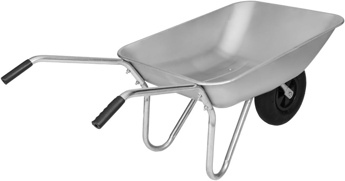 65L 1-Wheel Wheelbarrow Silver – 13" Pneumatic Tyre w/ Galv Frame 80kg Cap