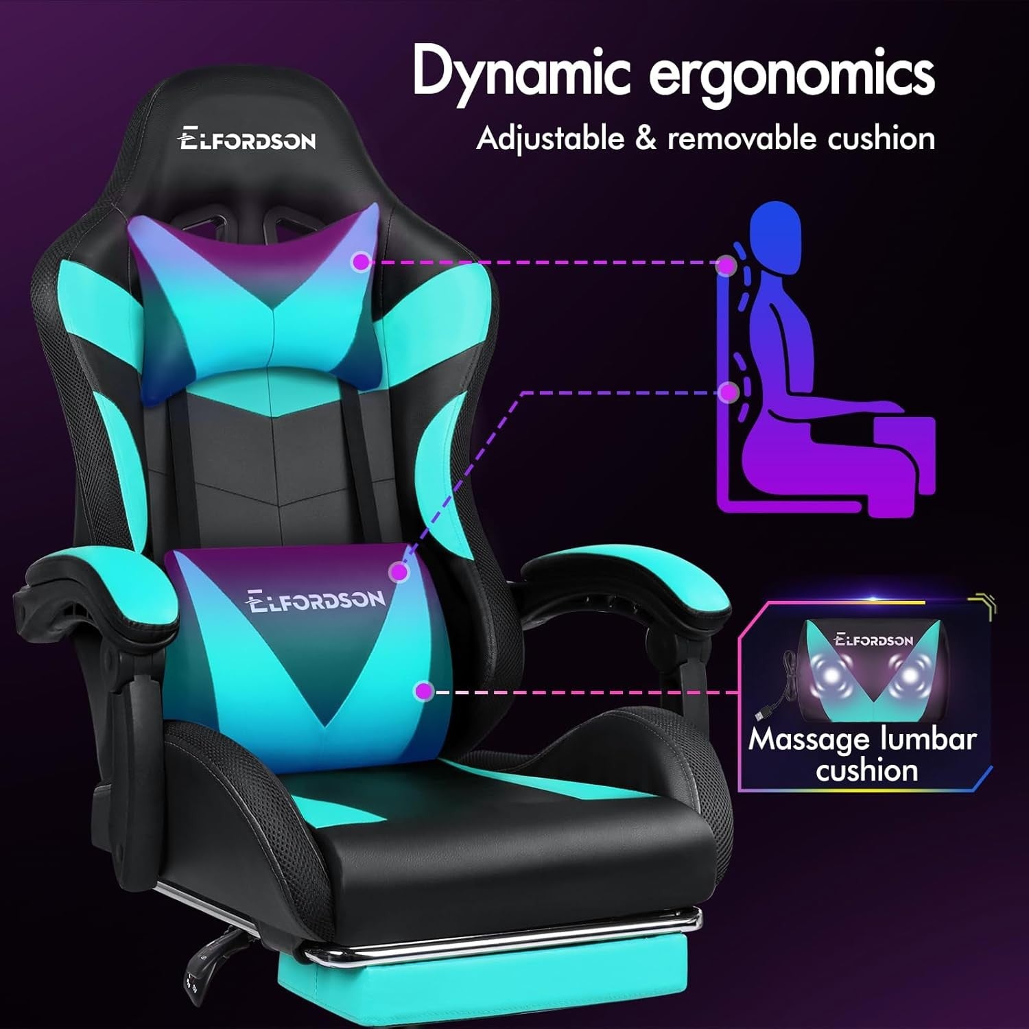 Cyan LED Gaming Chair RGB 8-Point Massage Recliner w/ Footrest