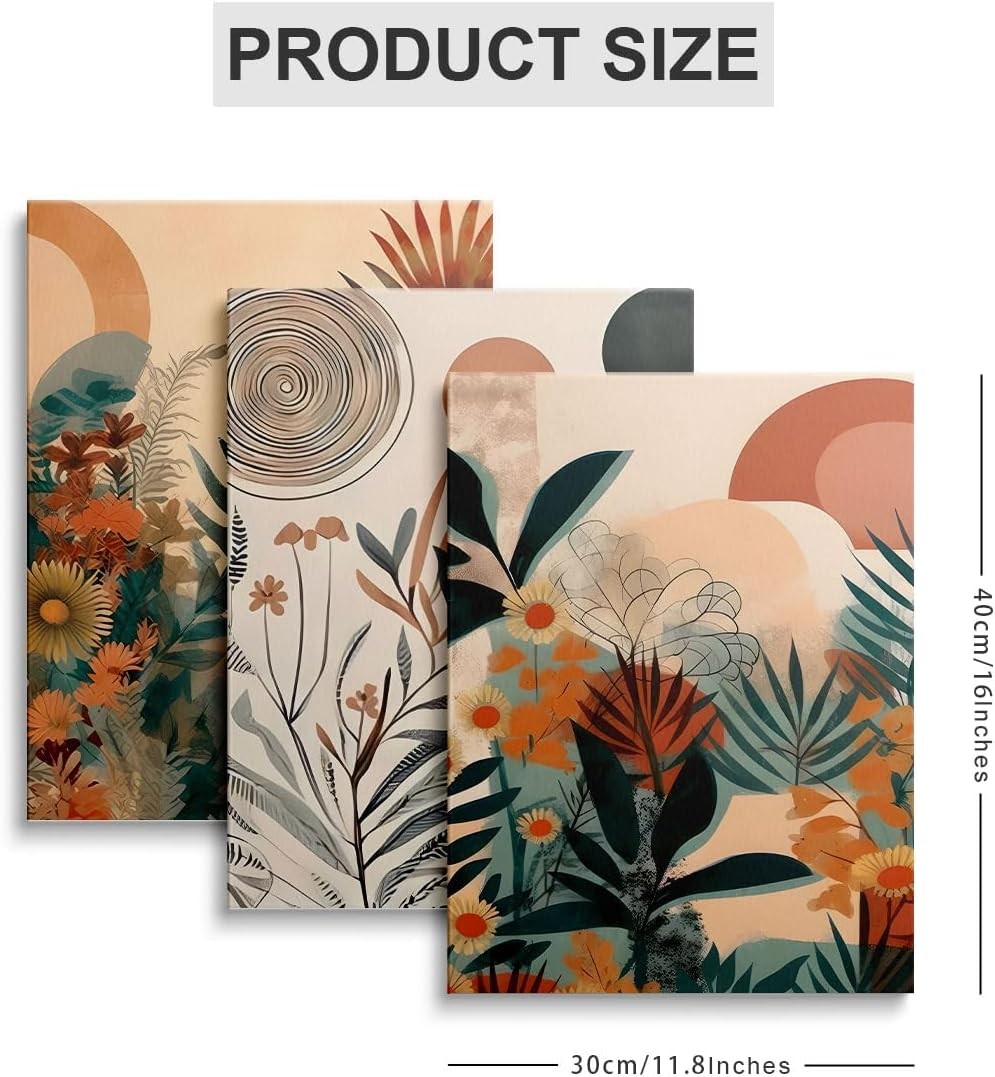 Boho Canvas Wall Art Set of 3 Framed Botanical Prints 40x30cm