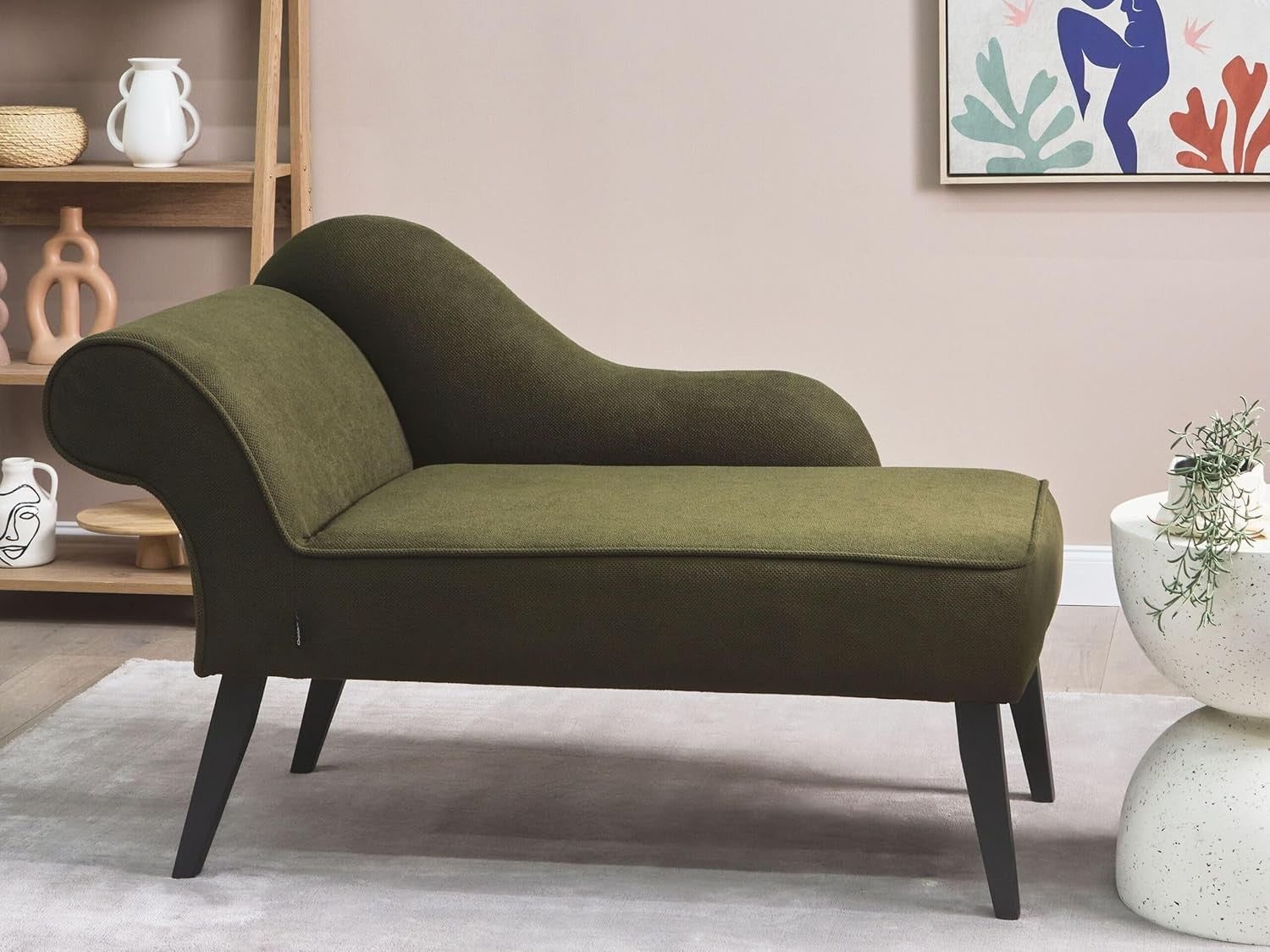 Olive Green Fabric Chaise Lounge | Left Hand, Retro Design, Black Legs, 118cm