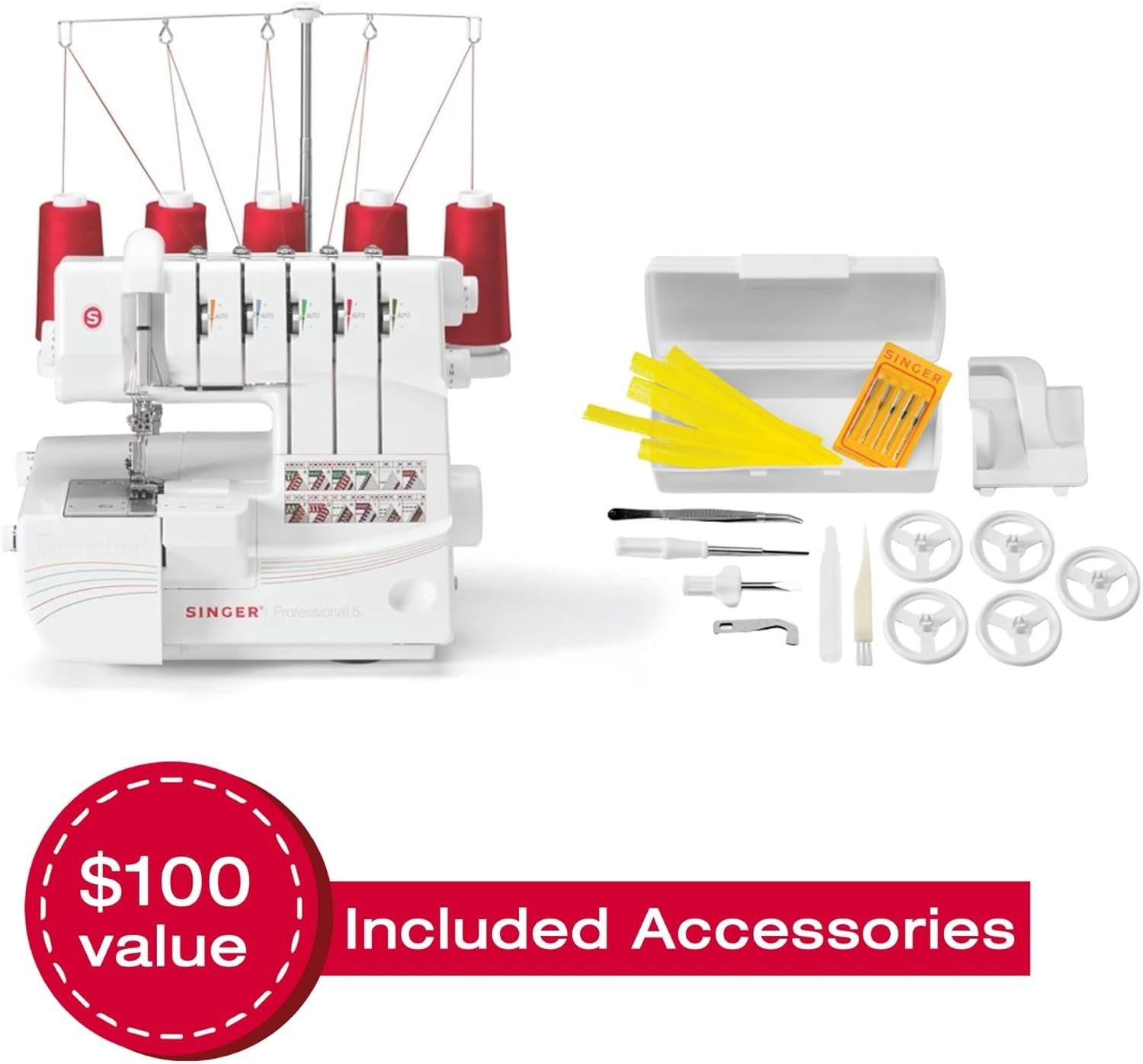 Professional 5 Thread Serger Overlock Machine 1300 SPM Rolled Hem