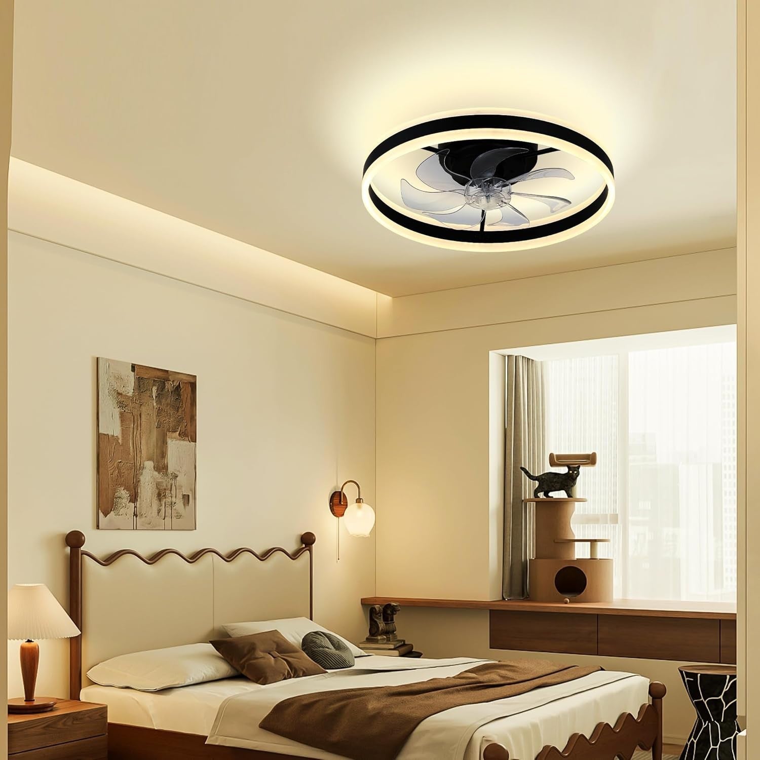 20" LED Bladeless Ceiling Fan Light, Dimmable, Remote, Flush Mount, Modern Black