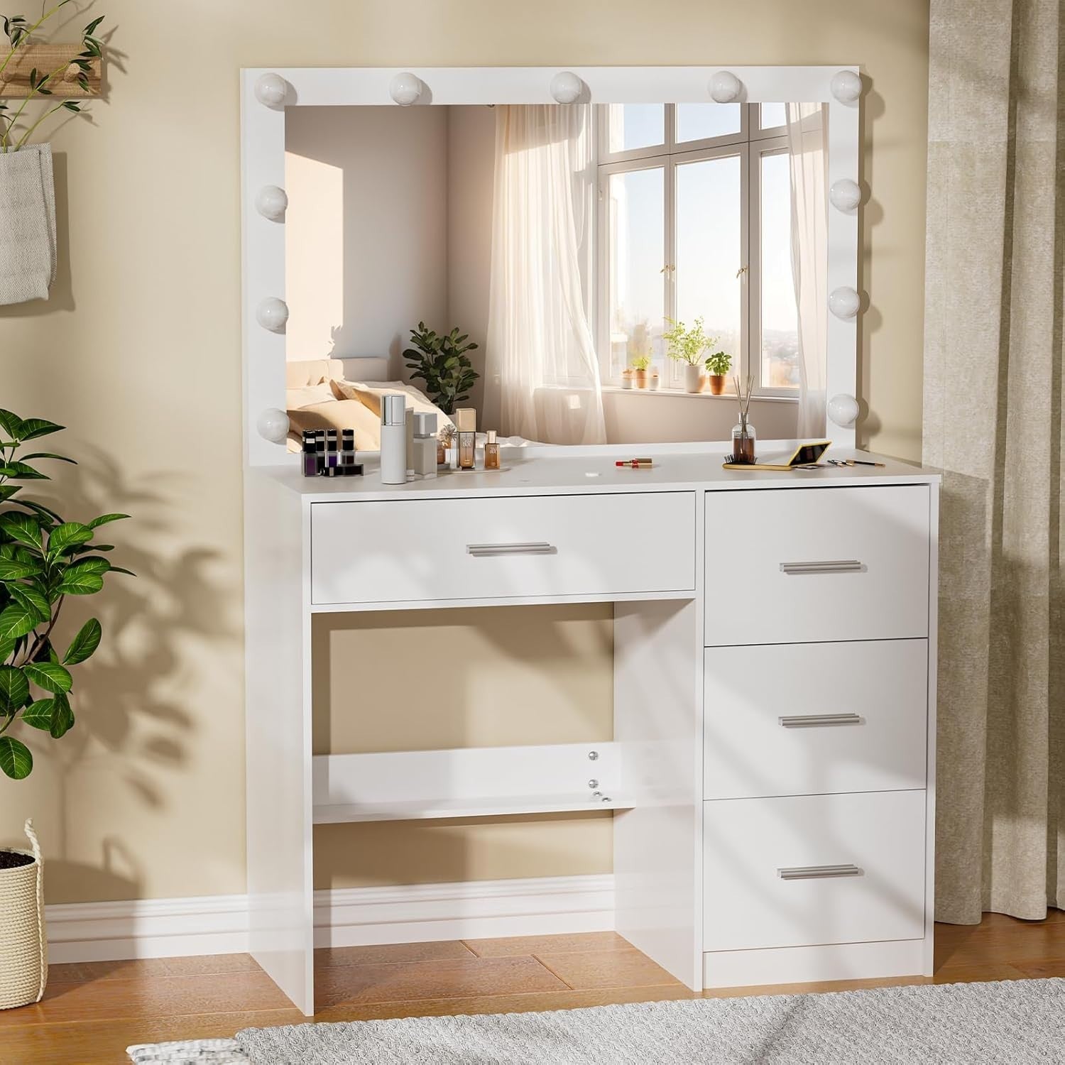 Vanity Dressing Table Desk with Mirror 11 LED Lights 4 Drawers White Wood Minima
