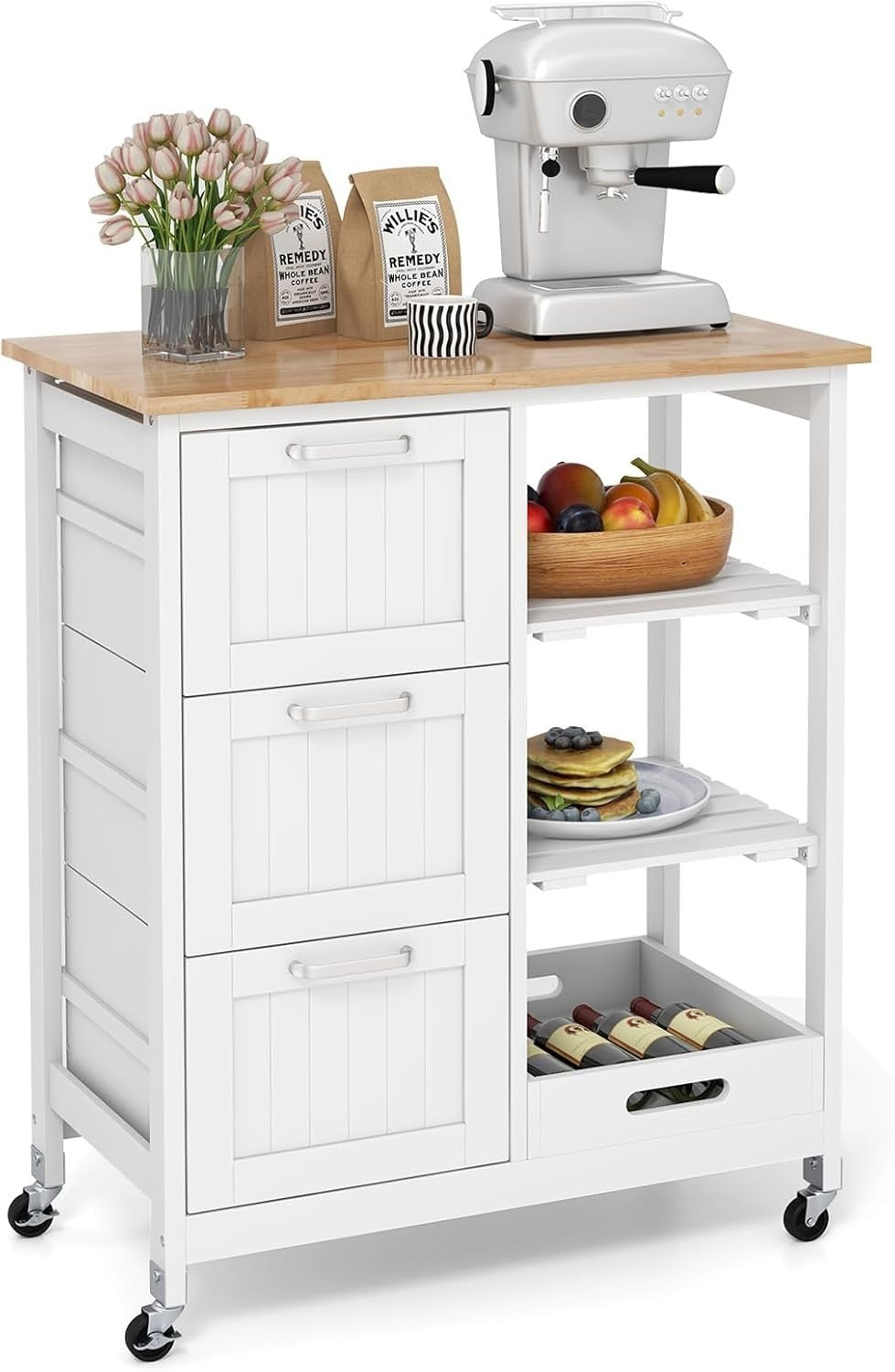 White Kitchen Island Trolley Rubber Wood Top 3 Drawers