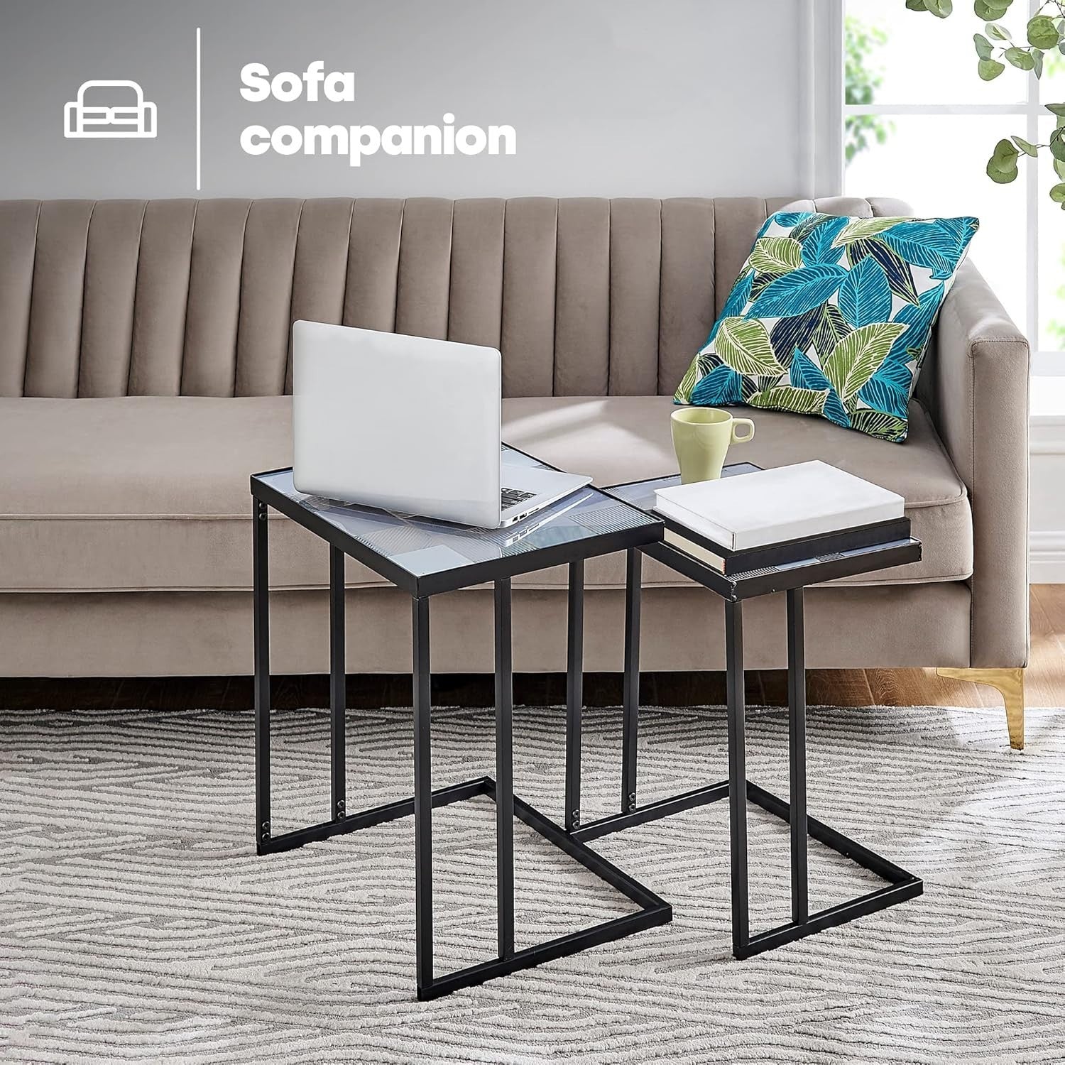 Space Saving Glass Coffee Table Square Side Sofa Table C-Shape Nesting Frame
