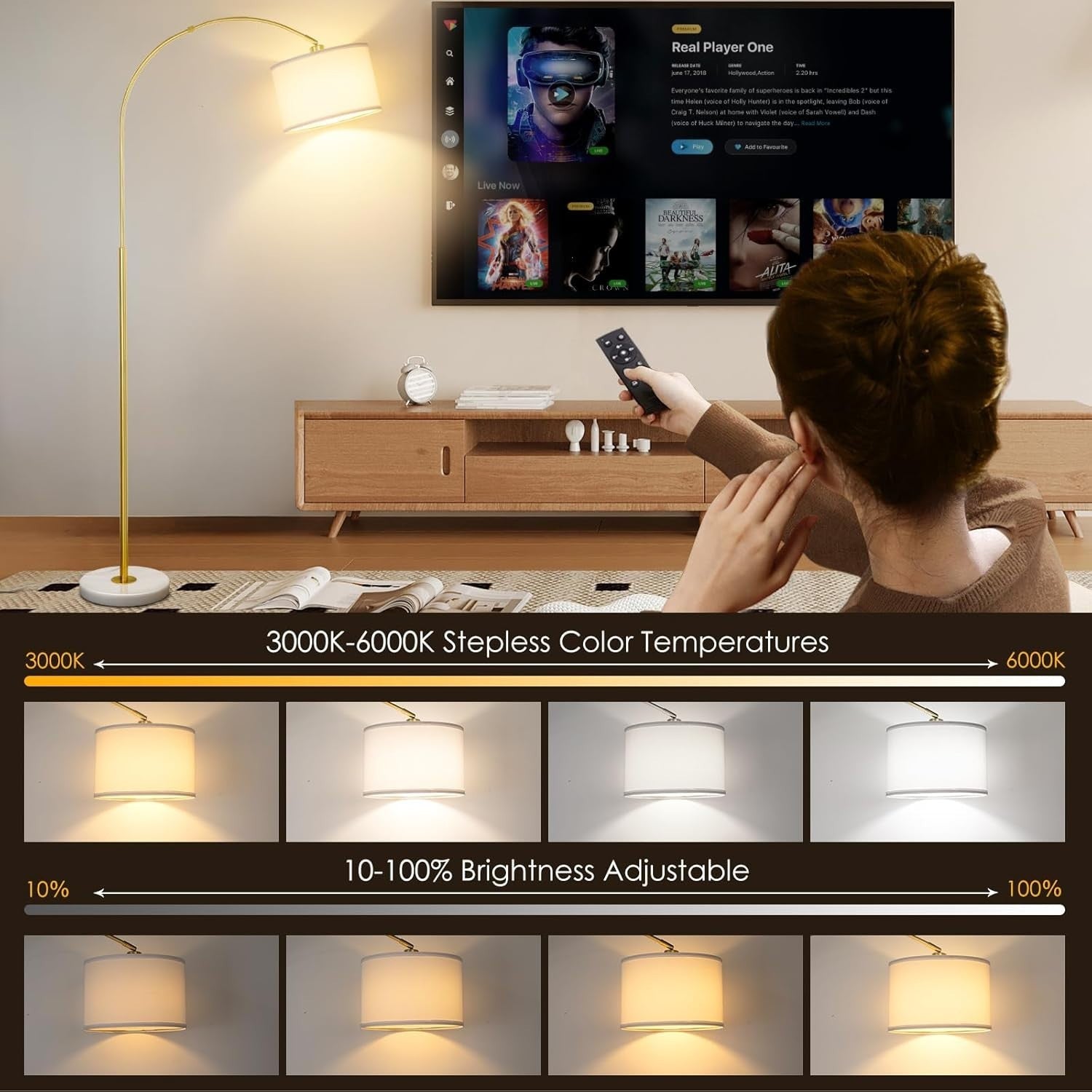 Modern Arc Floor Lamp with Remote Dimmable LED Light for Living & Bedroom