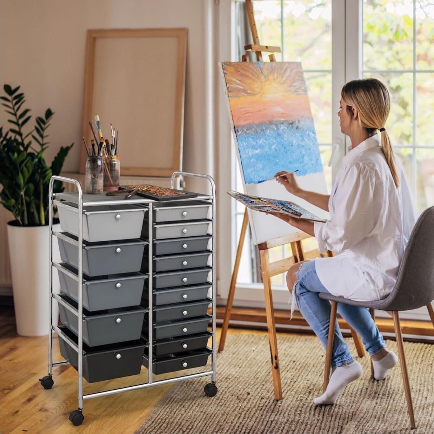 15 Drawer Rolling Storage Trolley Utility Organizer Cart Black Silver