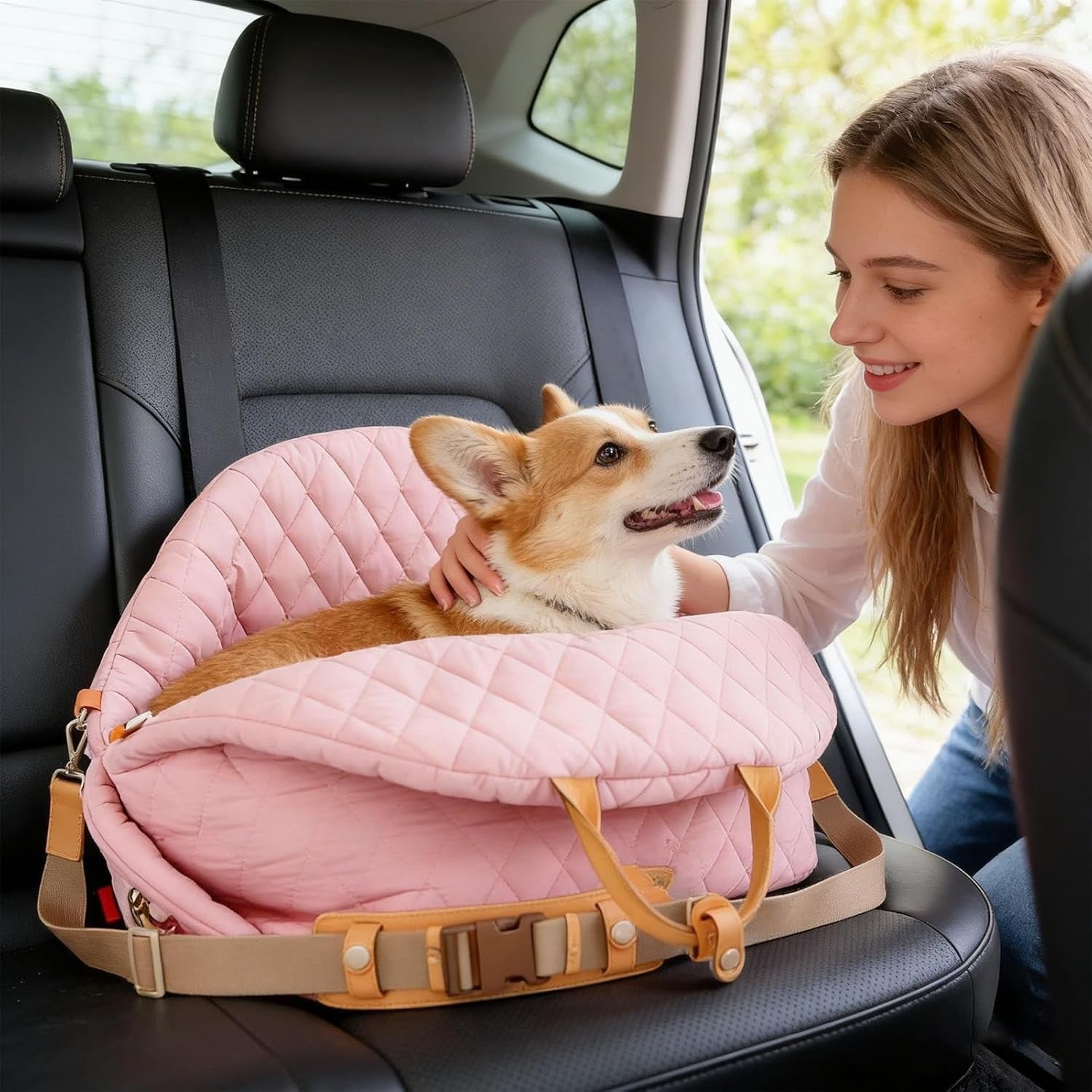 Dog Travel Carrier Booster Seat Waterproof Pet Bed w Mesh Vent Pink