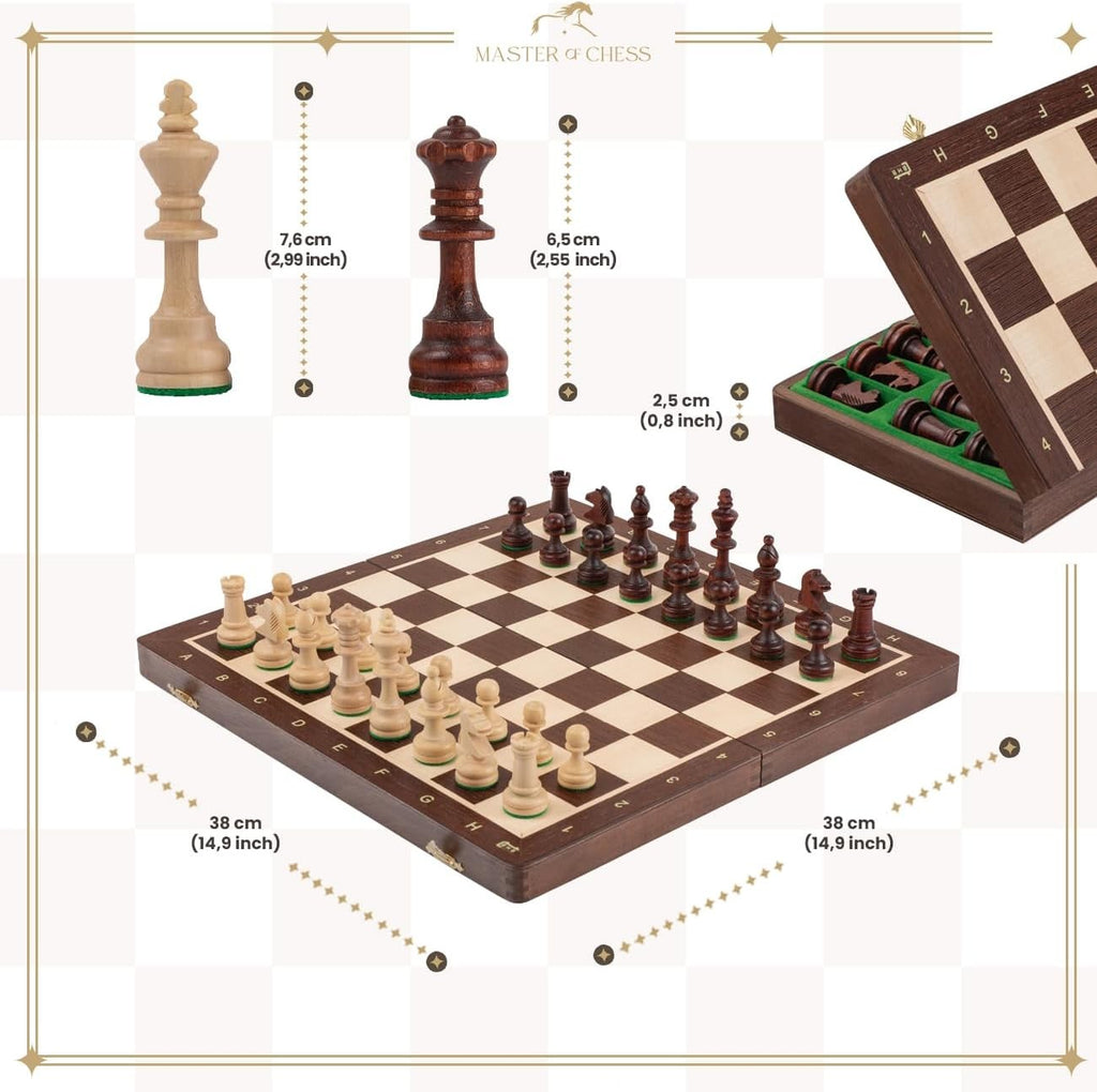 38cm Tournament Chess Set – Inlaid Folding Board & Weighted Wooden