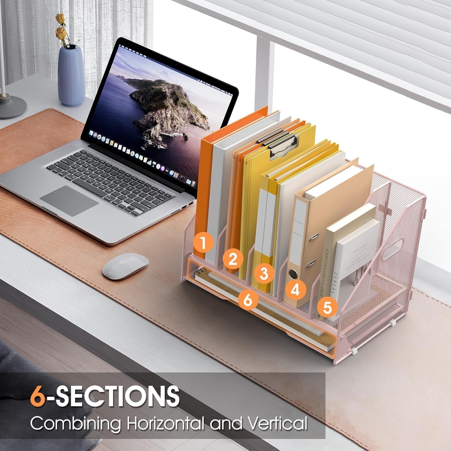 5-Tier Desktop File Organizer Rack | Adjustable Vertical Compartments, Pink