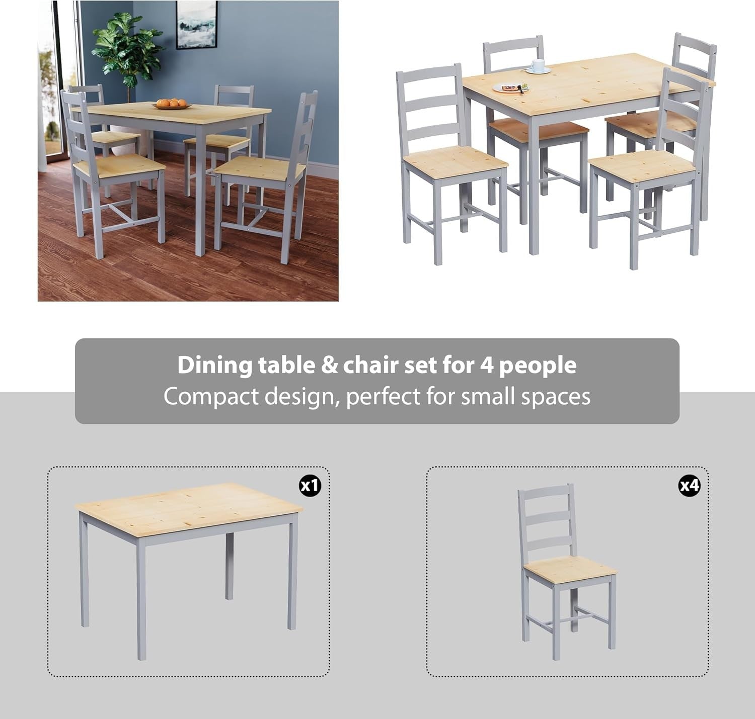 Grey & Pine 4 Seater Dining Table Set | Space Saving Kitchen Table & Chairs