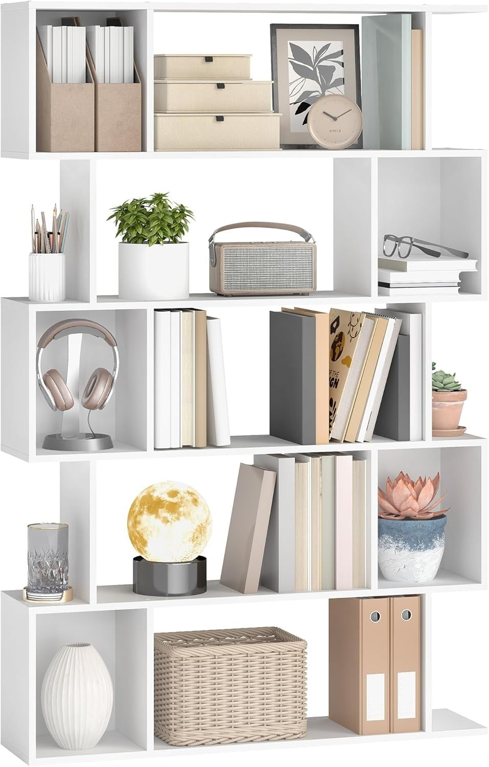 5 Tier S Shaped Bookcase  Matte White Bookshelf Storage Unit 90cm Wide