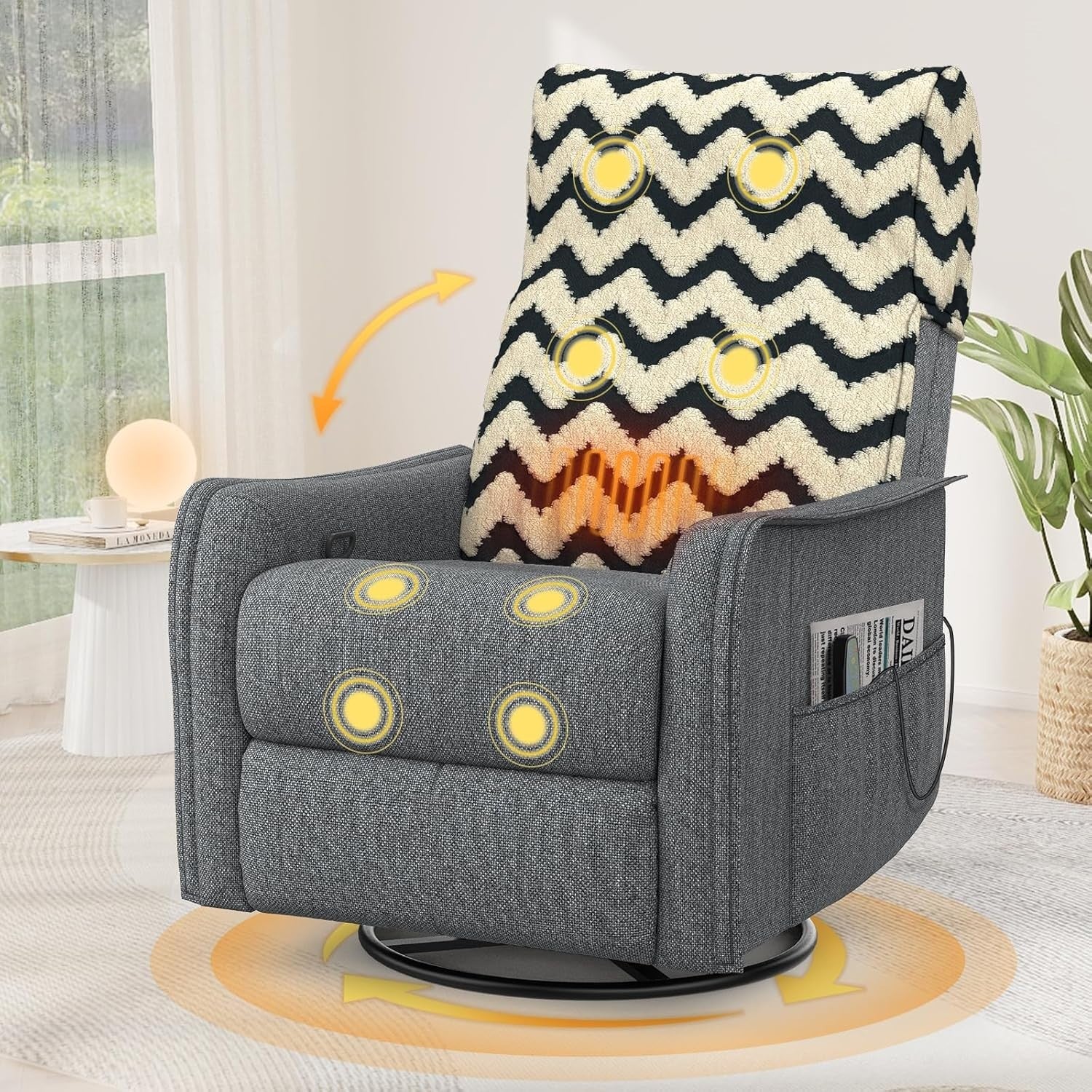 Swivel Rocking Recliner Chair Massage Heat Footrest 3-in-1 + Cover Grey