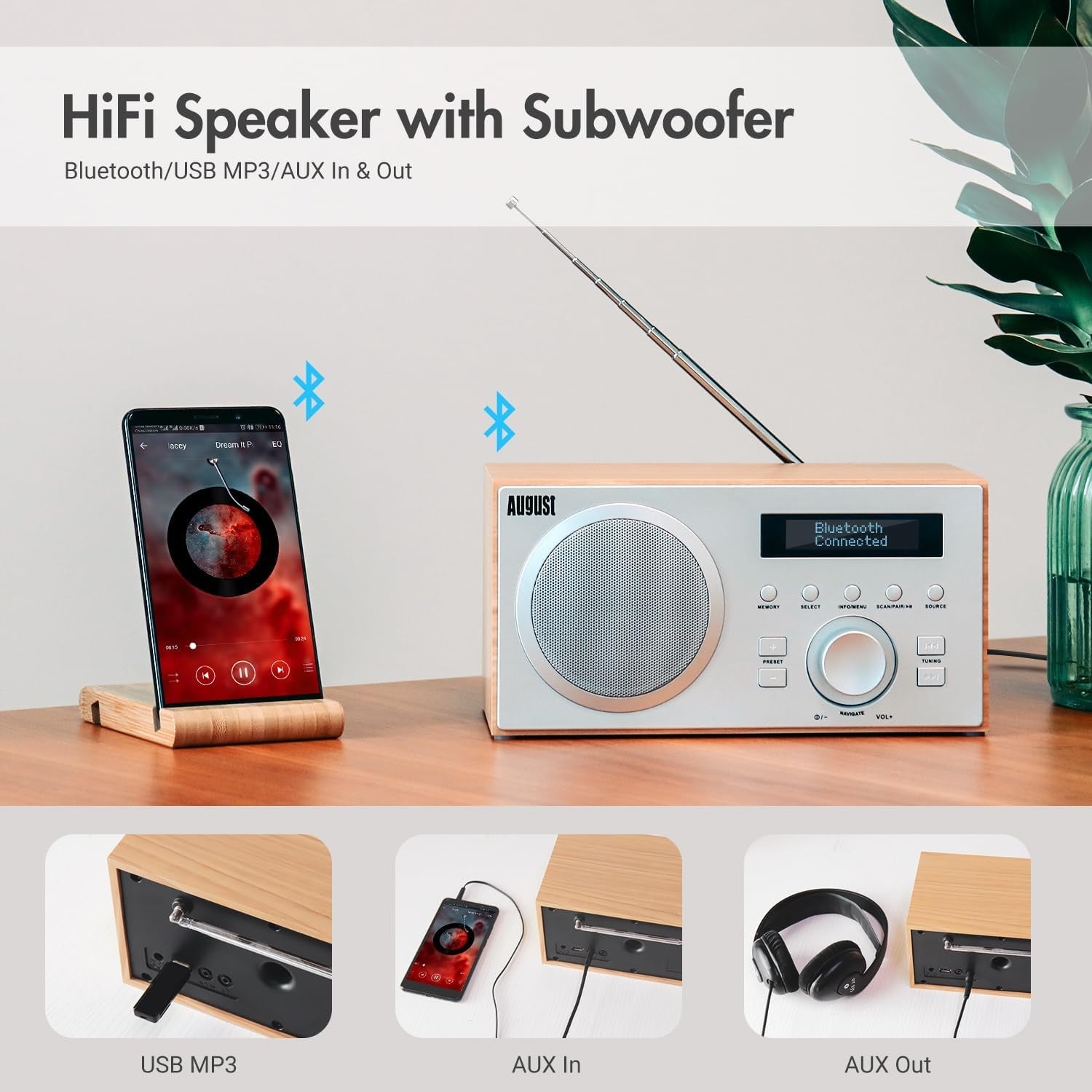 DAB/DAB+ FM Radio Bluetooth Speaker Alarm Clock USB AUX Subwoofer Oak