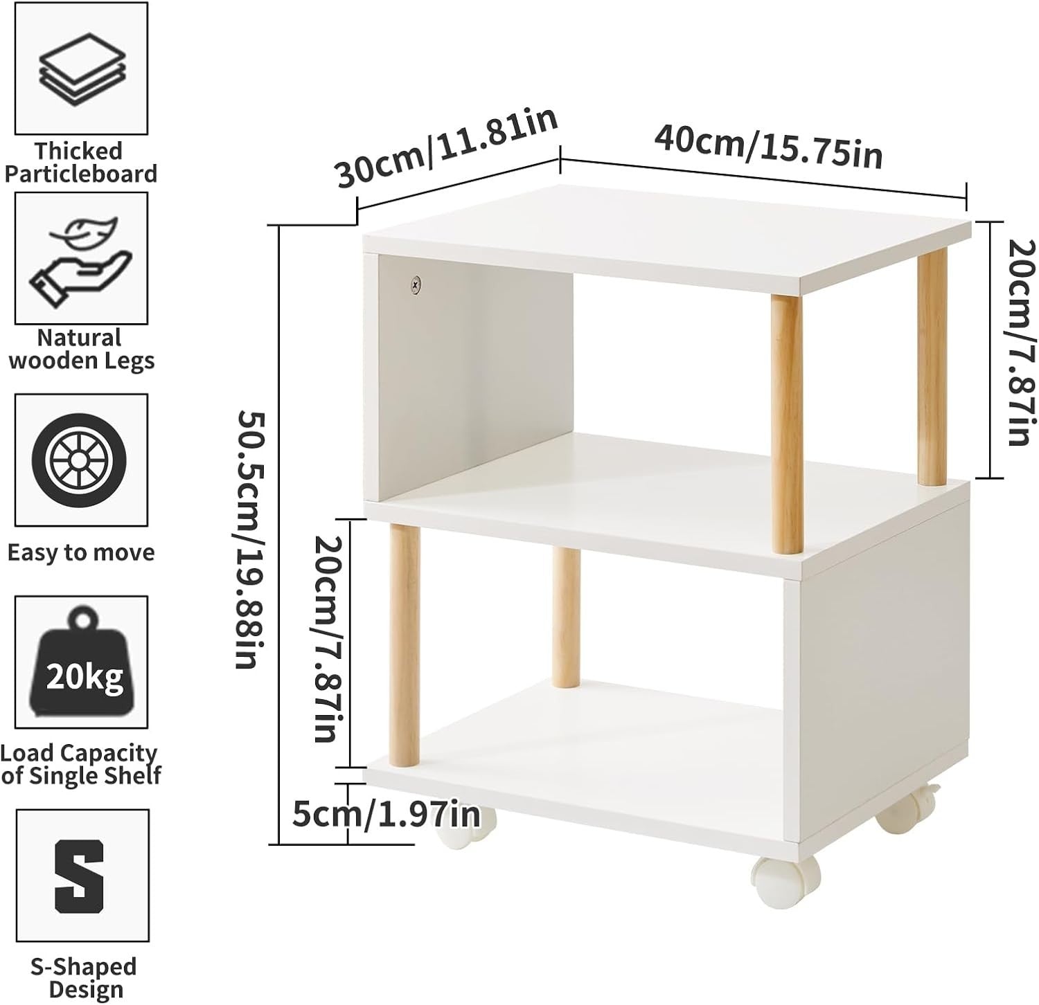 White S-Shaped Side Table with Wheels, 3-Tier Storage & Locking Casters