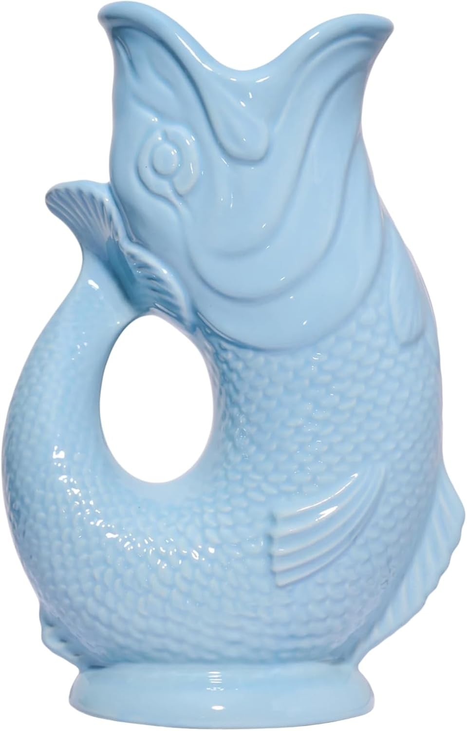 Fish Shaped Glug Jug Pale Blue Ceramic Water Pitcher Decorative 0.6L 22cm