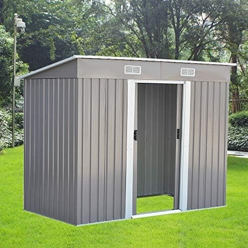 8x4FT Metal Garden Shed Apex Roof Tool Storage House Double Sliding Doors