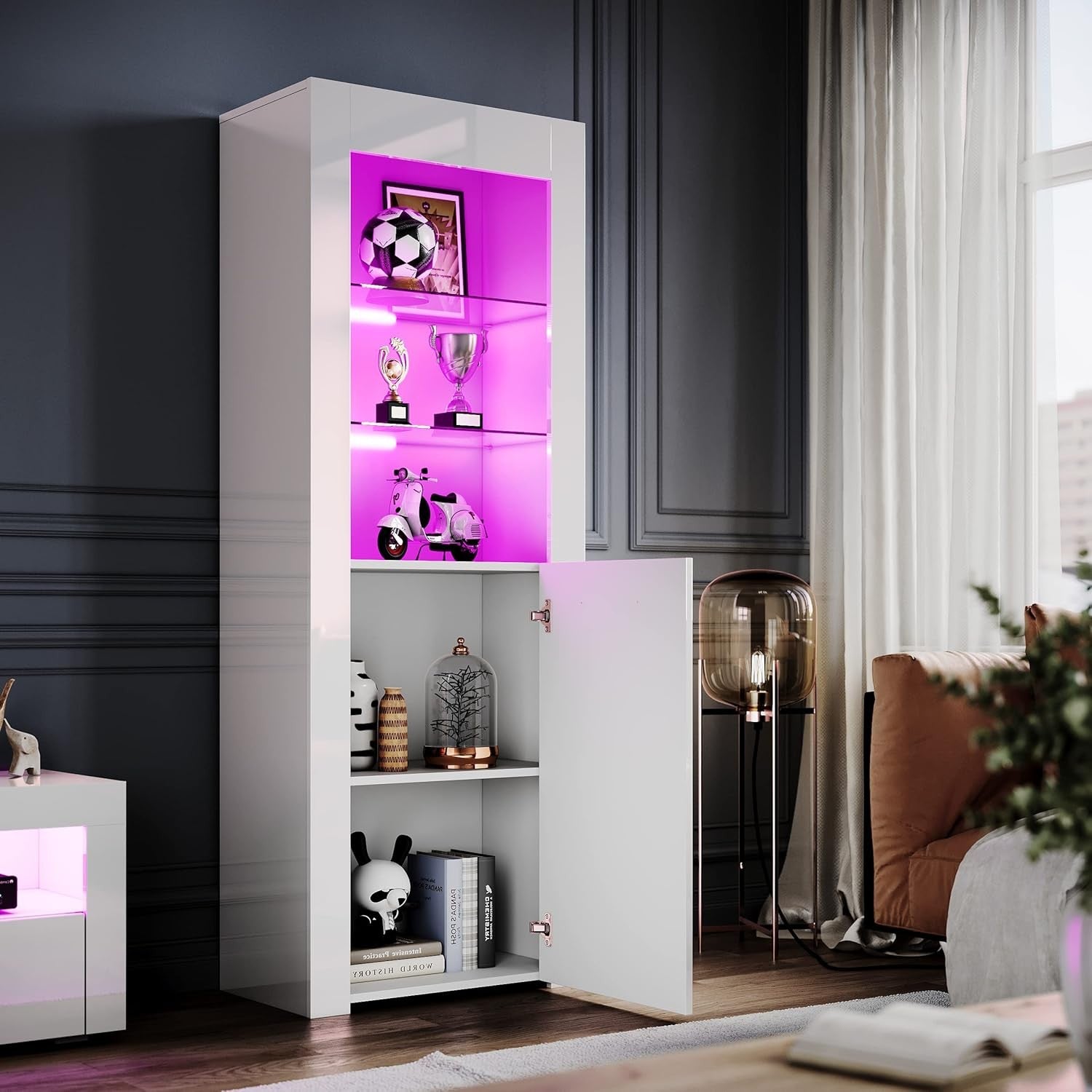 White Gloss Tall LED Display Cabinet 165cm Modern Showcase Unit with Glass Shelv