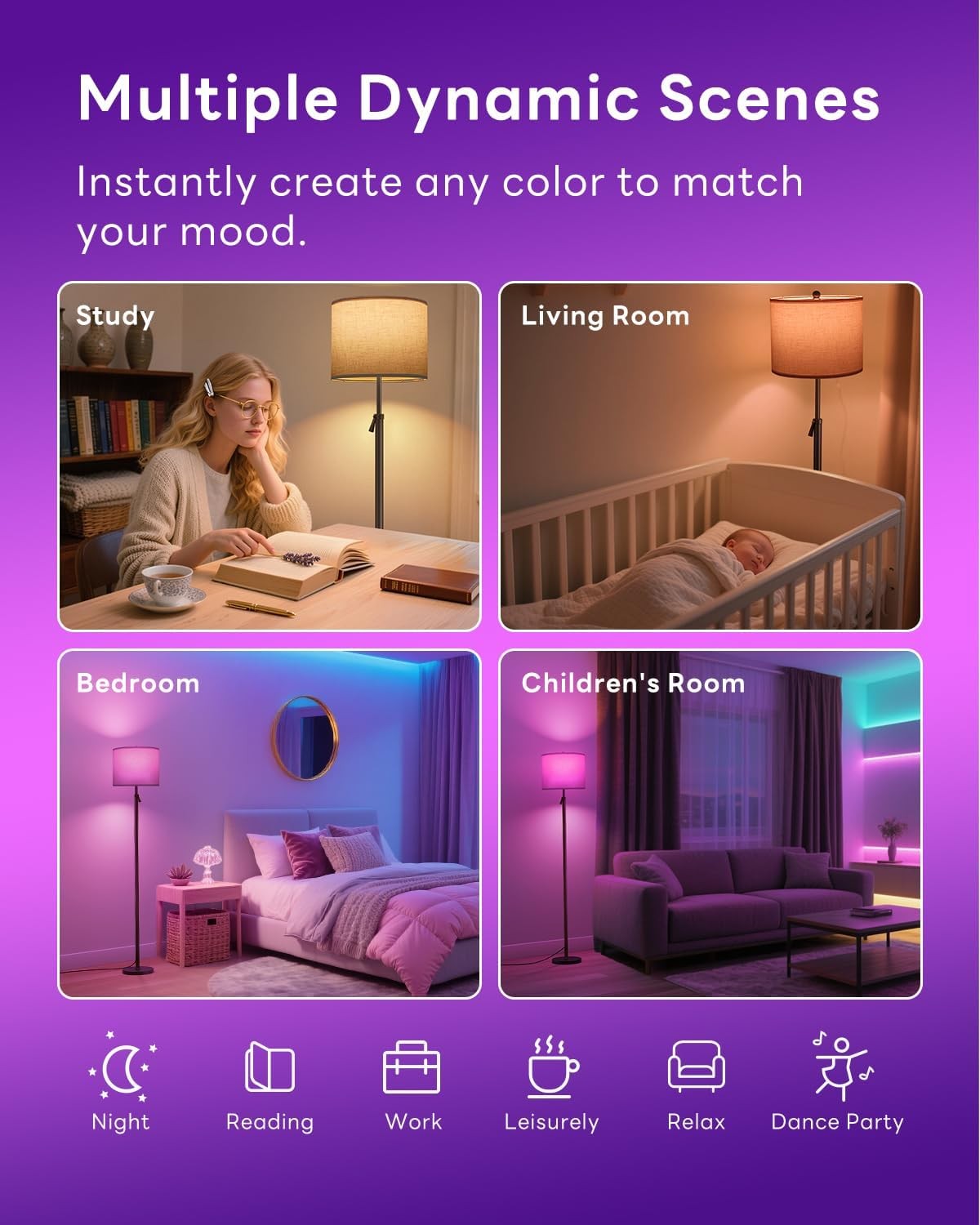 Adjustable LED Floor Lamp RGB Colour Changing Dimmable Remote Tall Reading Light