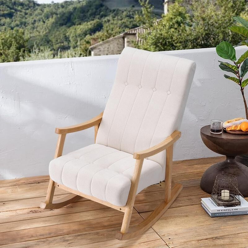 Beige Velvet Rocking Chair Tufted Armchair with Wooden Frame Lounge Seat