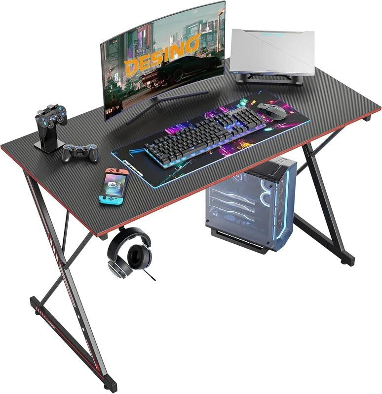 Gaming Desk 120cm with Carbon Fibre Top & Hook – X-Shape PC Gamer Table