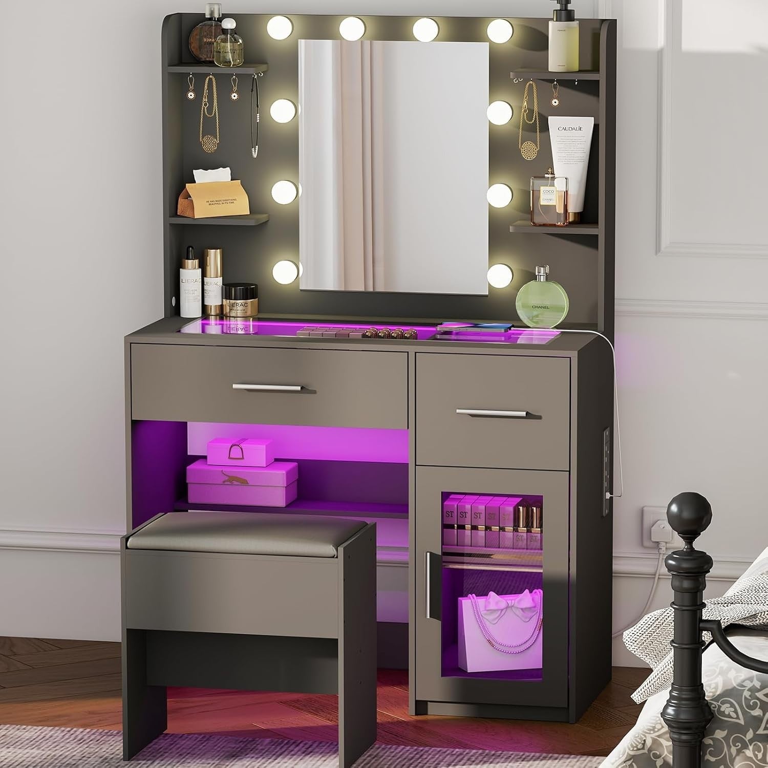 Modern Vanity Dressing Table Makeup Desk LED Light Mirror USB Charging 90x140x40