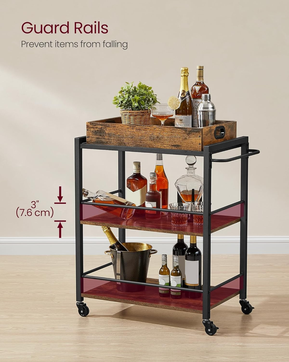 Kitchen Serving Cart on Wheels 3 Tier Utility Trolley with Removable Tray