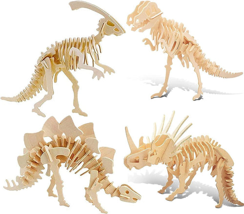 3D Dinosaur Puzzle Set – 4pc Wooden Dino Model Kit for Kids & Adults Gift
