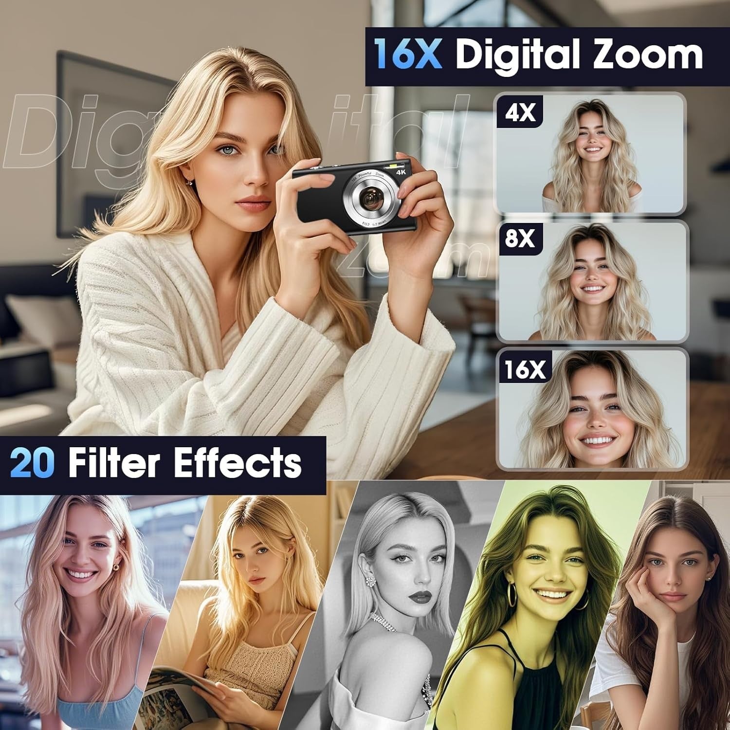4K 48MP Vlogging Camera Zoom Compact Camera w 32GB & Batteries
