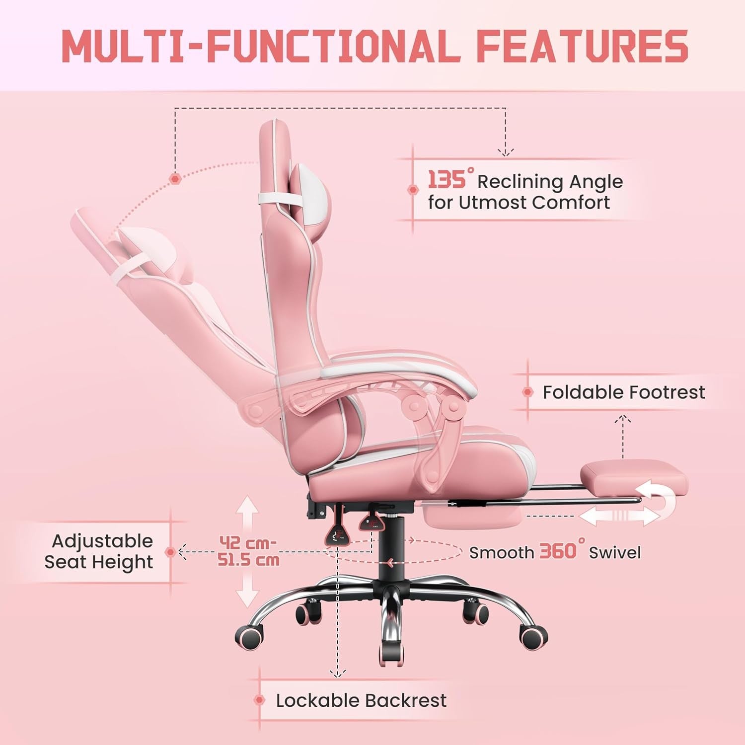 Gaming Chair with Footrest Massage Ergonomic Reclining Pink