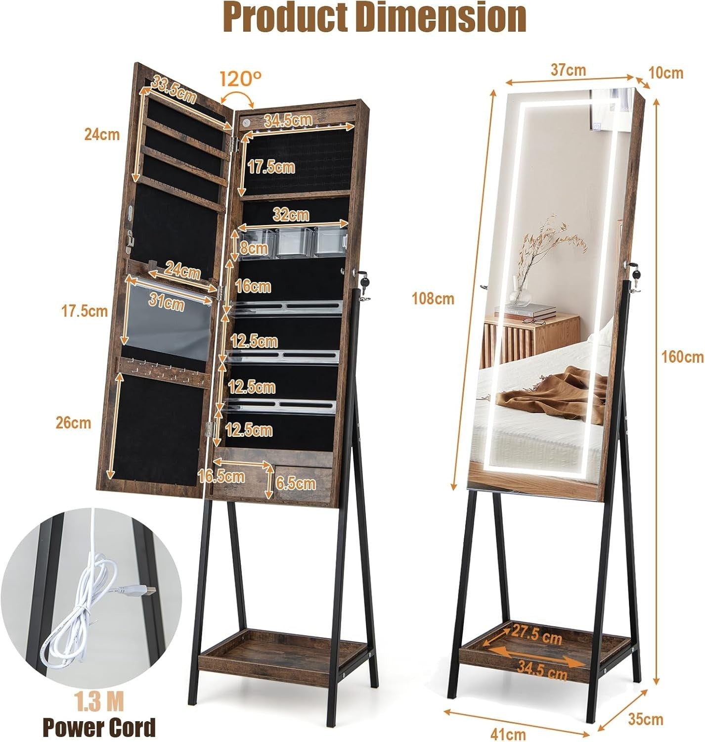 Rustic Brown LED Jewellery Armoire Full Length Mirror Lockable Organizer