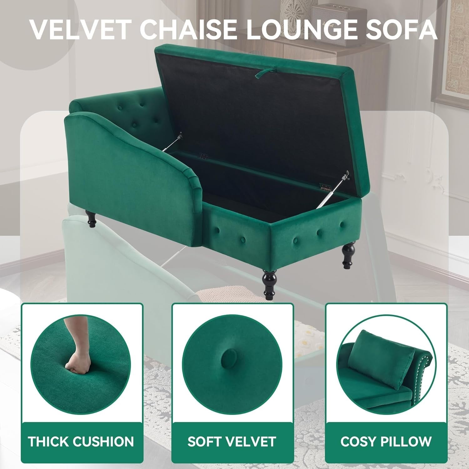 Velvet Chaise Lounge Sofa w/Storage & Pillow Right Armrest Green Tufted