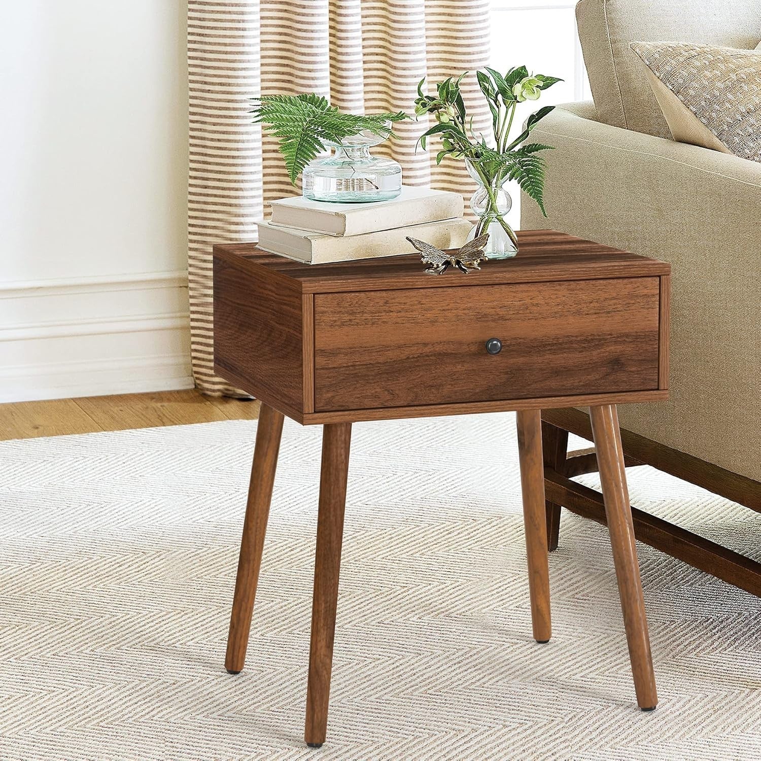 Set of 2 Walnut Bedside Tables with Drawer & Hidden Storage – Mid Century