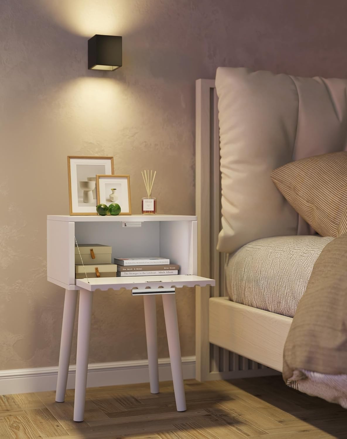 Set of 2 White Fluted Bedside Tables – Modern Nightstands with Drawer & Tall Leg