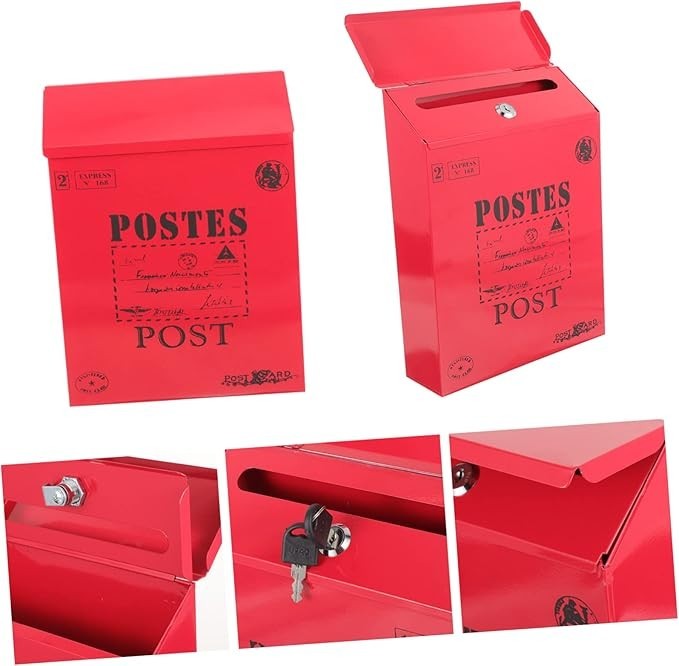 Vintage Wall Mount Mailbox Red Iron Lockable Outdoor Letter Box 30x22x7cm