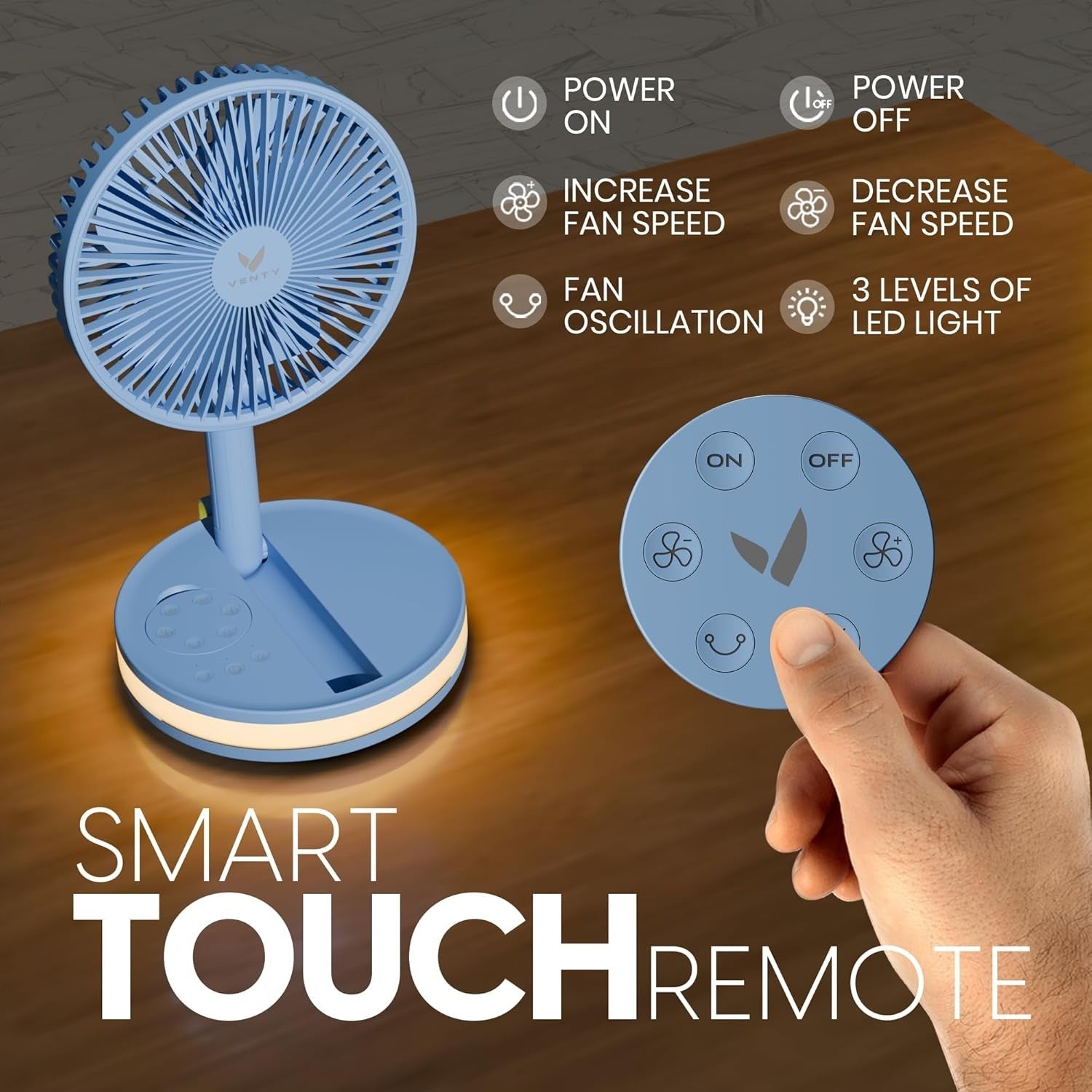 Portable Foldable Fan 4-Speed w Remote LED Light USB-C Rechargeable Blue w/ Case