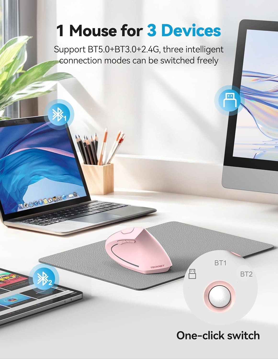 Pink Vertical Ergonomic Mouse Bluetooth Rechargeable 4800 DPI