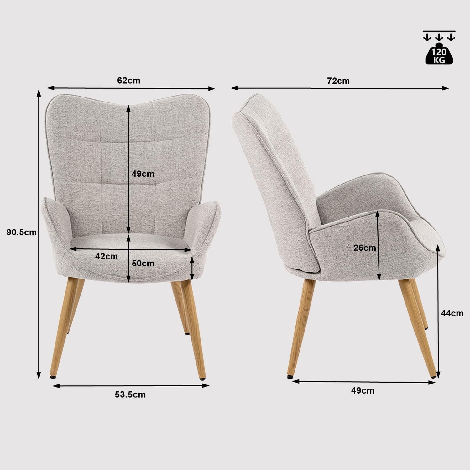 Grey Fabric Wingback Armchair Wood Legs Lounge Reading Room Chair