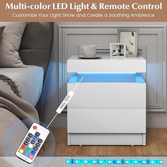 Set of 2 High Gloss LED Bedside Tables – RGB Lights, Remote Control & 2 Drawers