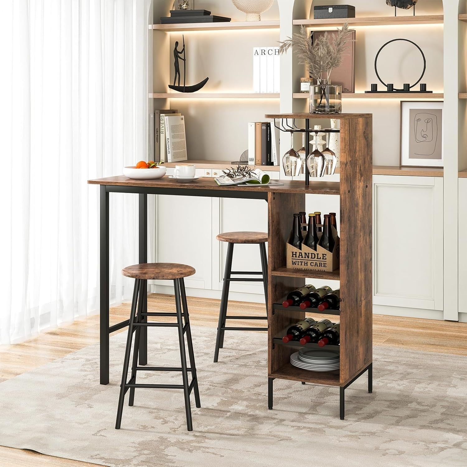 Rustic Brown Bar Table Set with Stools, Storage Shelves, Wine Rack & Foot Pads