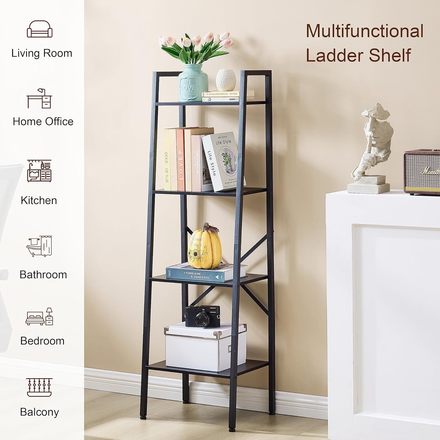 Industrial Ladder Bookshelf 4 Tier Tall Narrow Storage Shelf Metal Frame