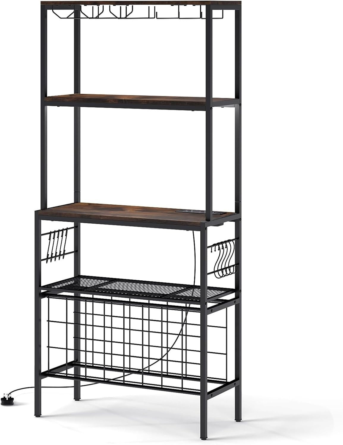 4 Tier Wine Bar Cabinet with Power Outlets, 24 Bottle Rack, Glass & Mug Holder