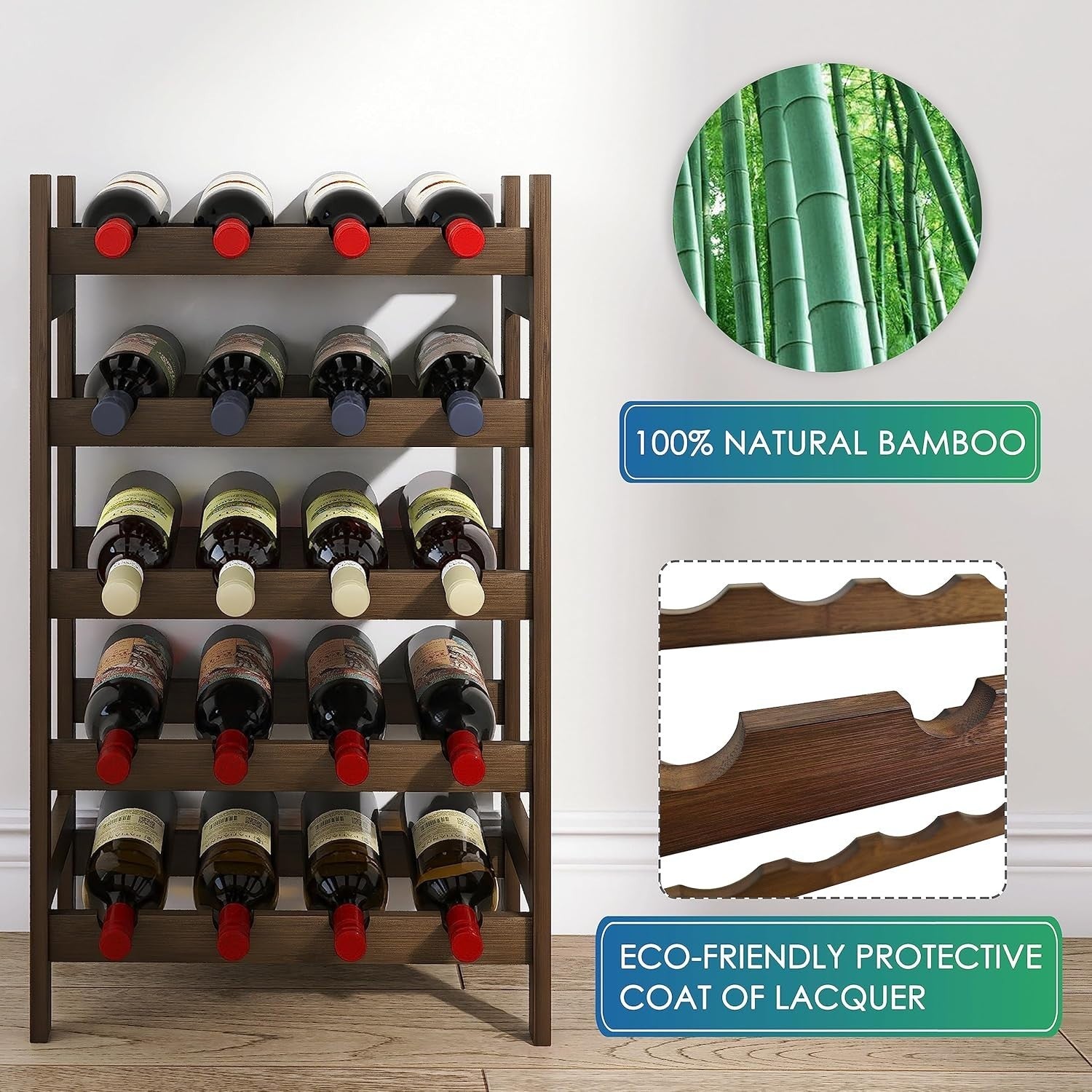 5 Tier Wooden Wine Rack 20 Bottle Free Standing Storage Shelf Walnut Kitchen Bar
