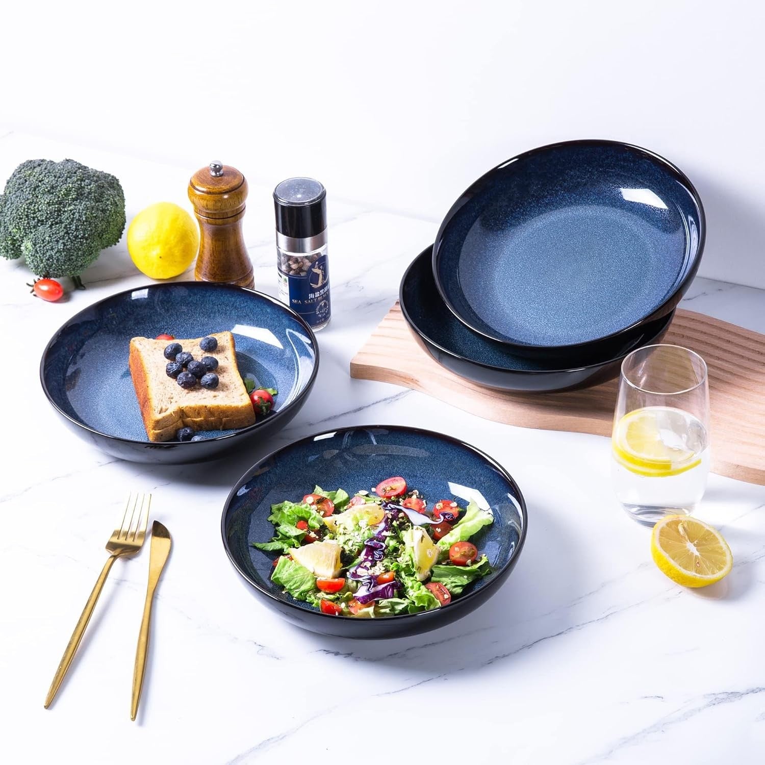 Large Pasta Bowls Set of 6 22cm Deep Stoneware Soup Noodle Bowls Blue