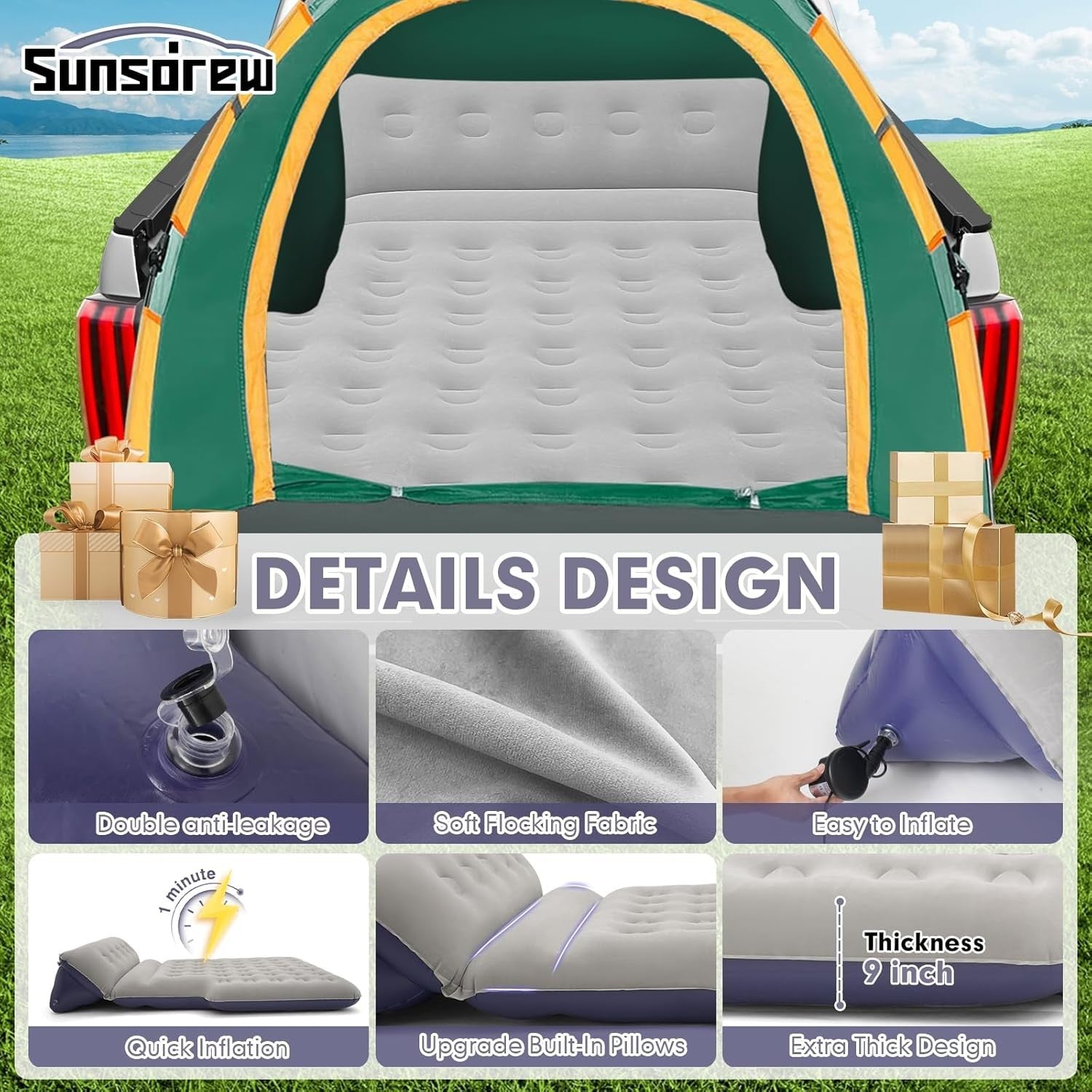Full-Size Truck Air Mattress with Built-In Pillow – Inflatable for Camping