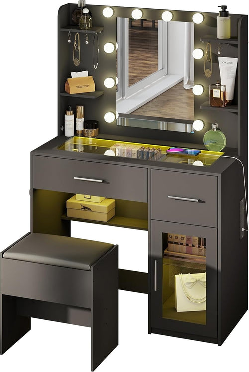 Modern Vanity Dressing Table Makeup Desk LED Light Mirror USB Charging 90x140x40