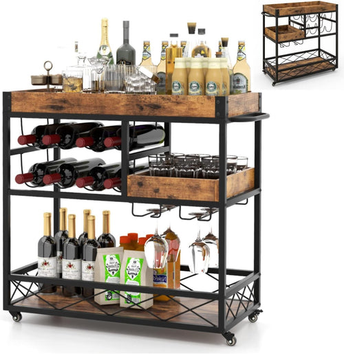 3 Tier Bar Cart Drinks Trolley on Wheels with Wine Rack & Removable Tray