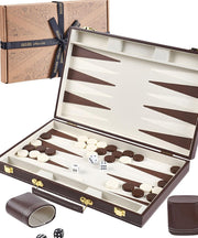 Luxury Backgammon Set 15 Inch Travel Board with Leather Case Dice Cups
