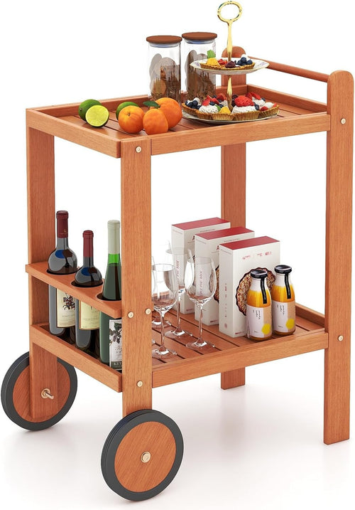 2 Tier Wooden Serving Cart on Wheels Bar Trolley Wine Rack Handle