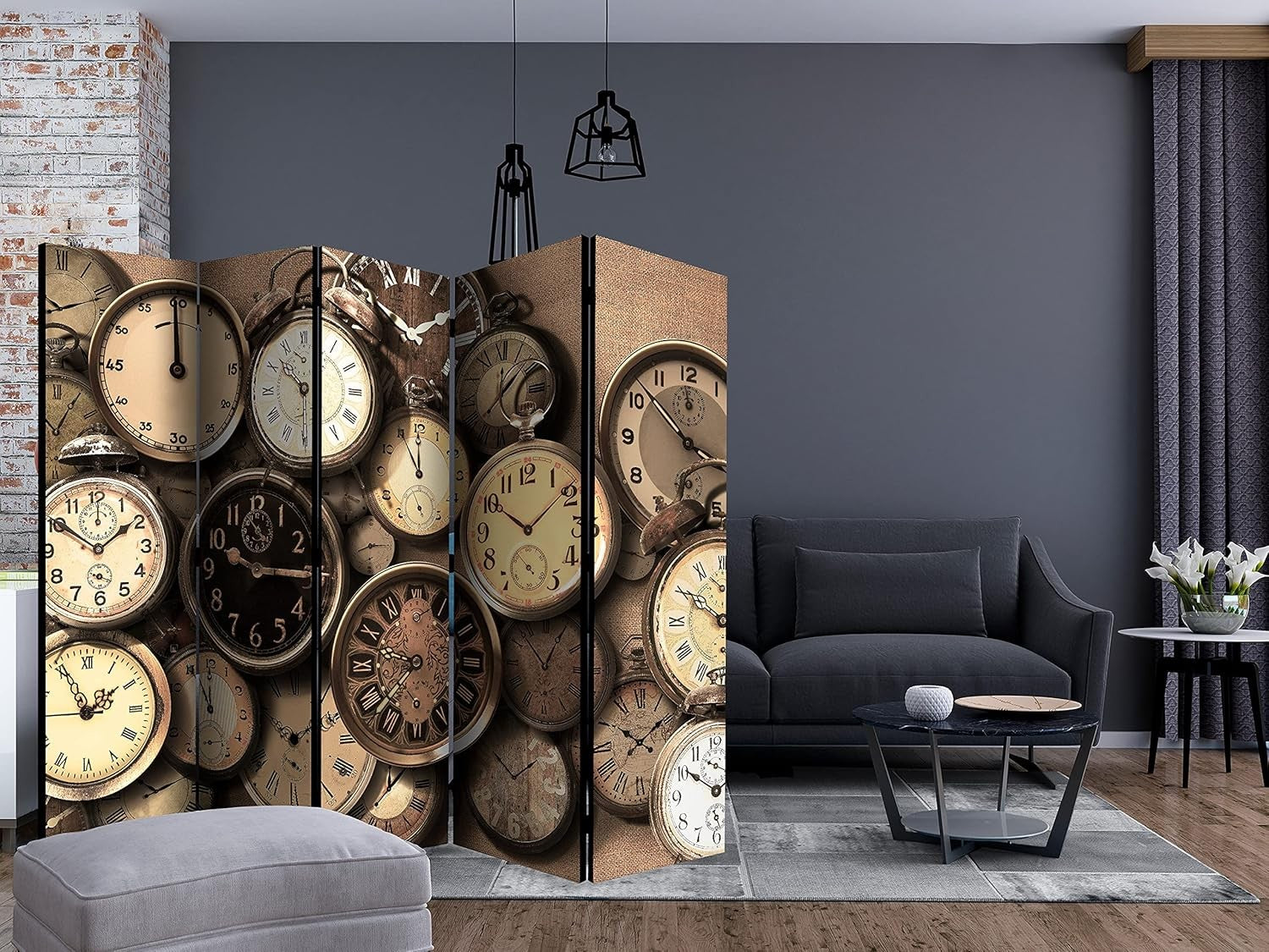Retro Vintage Clock Print Room Divider 5-Panel Double-Sided Folding Screen